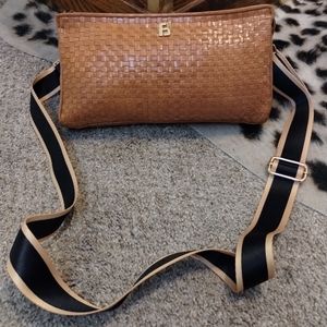 Vintage FENDI Brown Tan Woven Leather FF Stripe Crossbody Shoulder Bag Purse